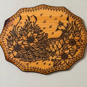 Henna Peacock On Wood Wall Hanging- 11”x 8.5”